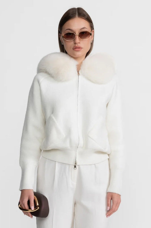Zip-Up Wool Hoodie With Fox Fur Collar