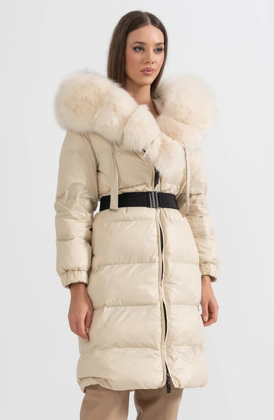Long Puffer Jacket With White Fox Fur-Lined Hood