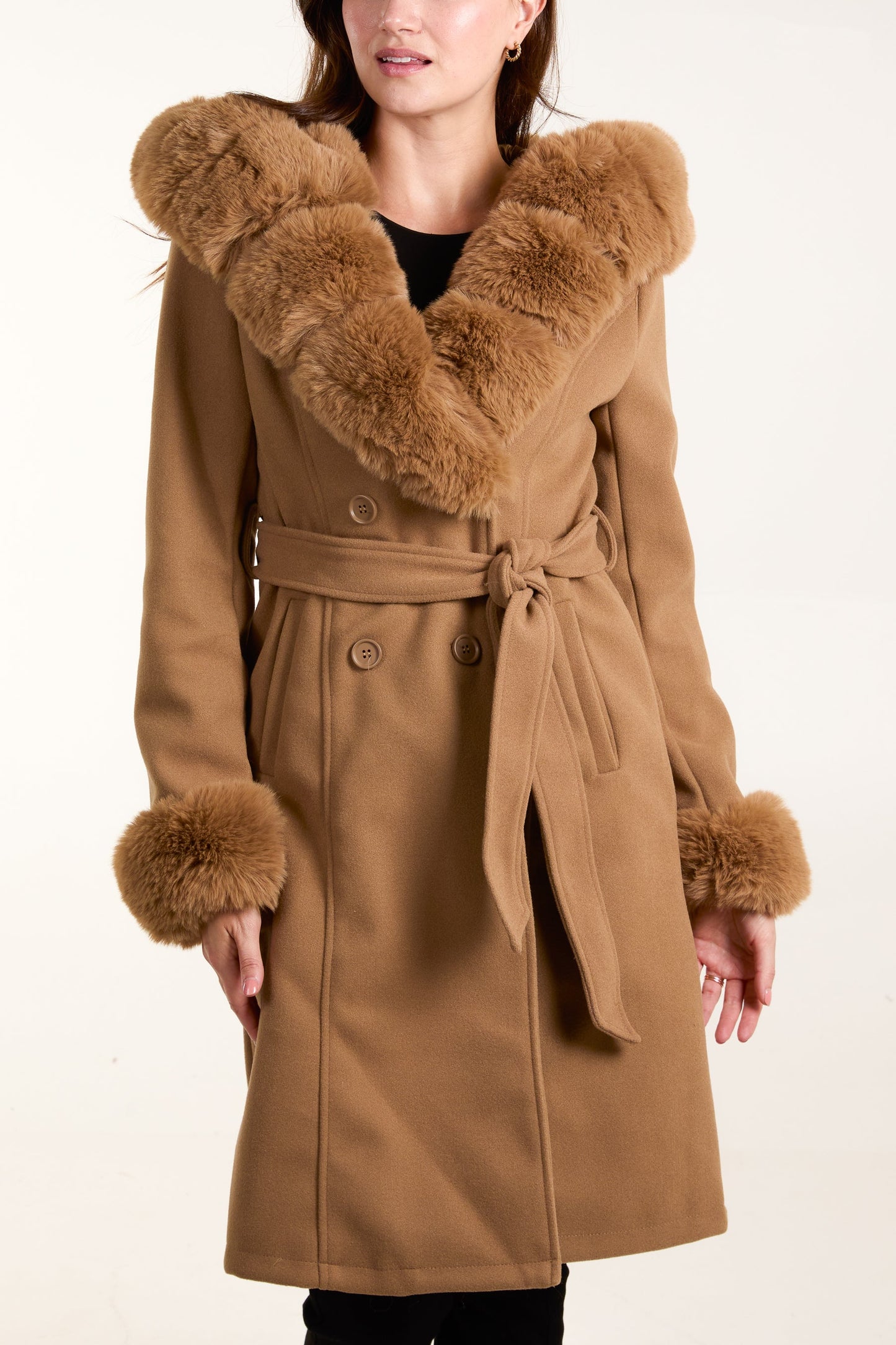 ICON Fur Trim Double Breasted Coat
