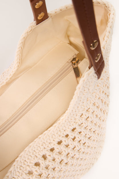 Crochet & Faux Leather Strap Tote Bag