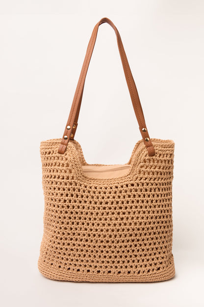Crochet & Faux Leather Strap Tote Bag