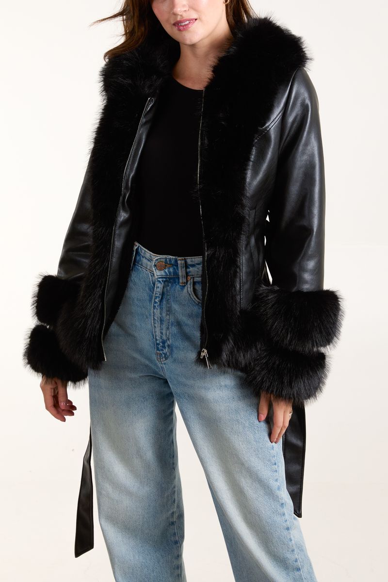 Panel Fur PU Zip Jacket