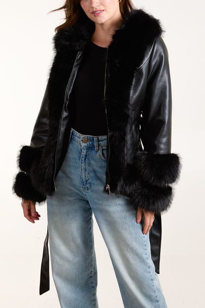 Panel Fur PU Zip Jacket