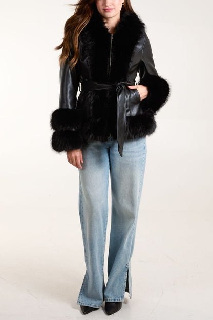 Panel Fur PU Zip Jacket