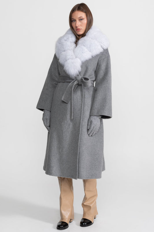 Wool Wrap Coat with Fox Fur Collar And Tie Belt